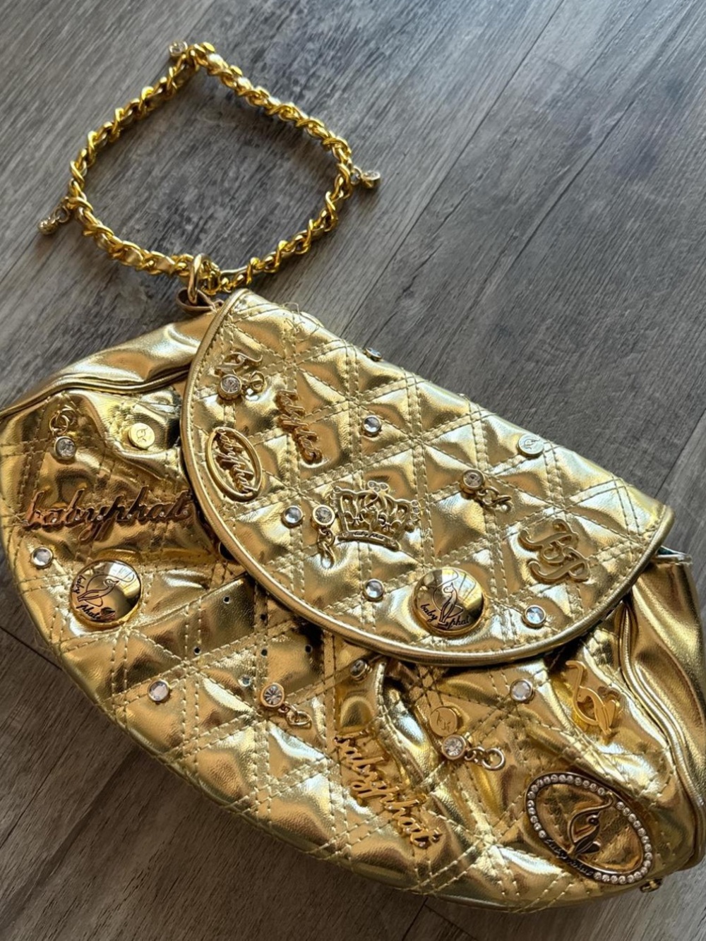 Baby Phat Metallic Gold Quilted Wristlet with Chain Strap